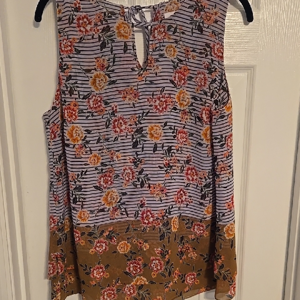 CAbi Sleeveless Floral Blouse - Orange, Yellow, Brown
